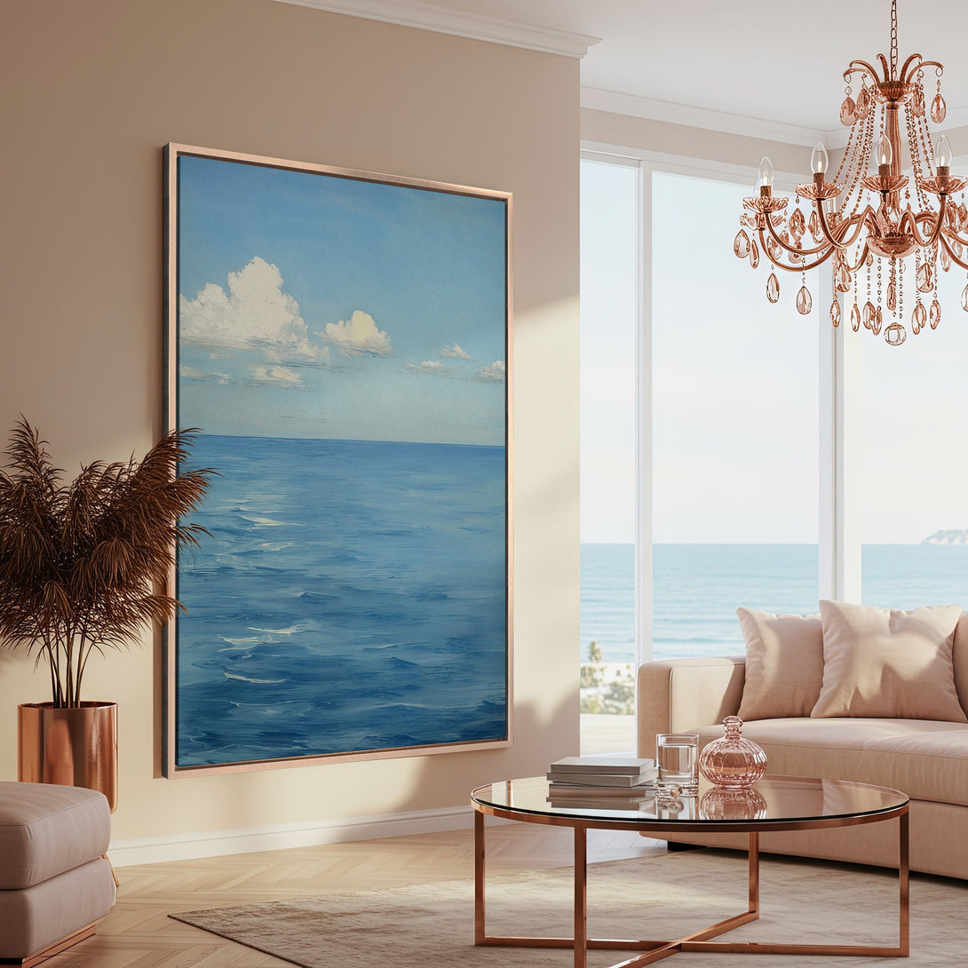 Framed Wall Art: Serene ocean painting in blue hues. Coastal decor inspiration. Modern canvas print with a calming, neutral color palette.