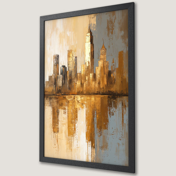 Framed Poster of a golden cityscape painting. Modern abstract style with warm gold, brown, and gray tones. Perfect art for home decor.