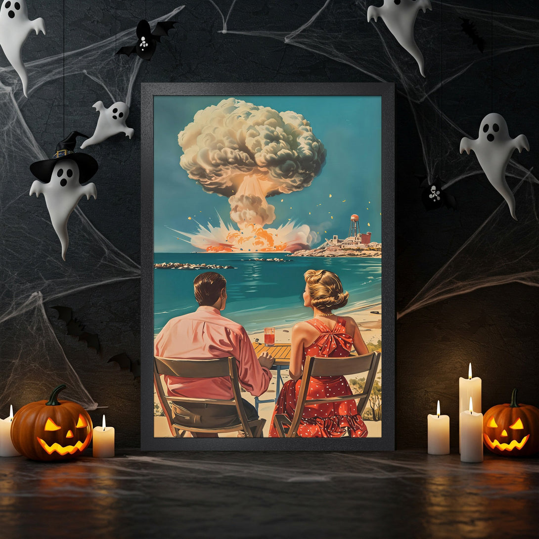 Framed Poster: Retro couple watches explosion, vintage style, blue/red/orange palette. Perfect Halloween decor! Get yours today!