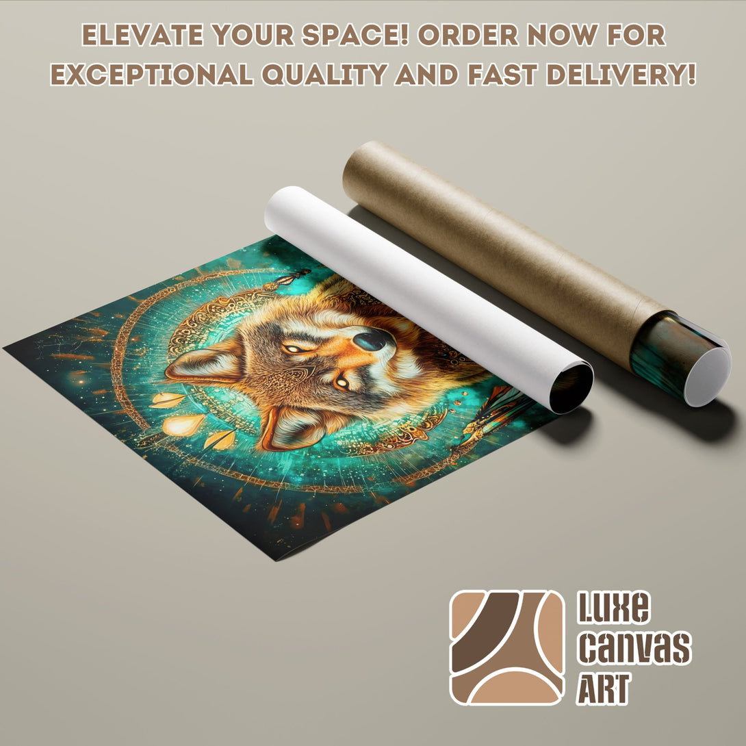 Wolf art poster roll in teal and gold. Elevate your space with this stunning poster! Order now for fast delivery.