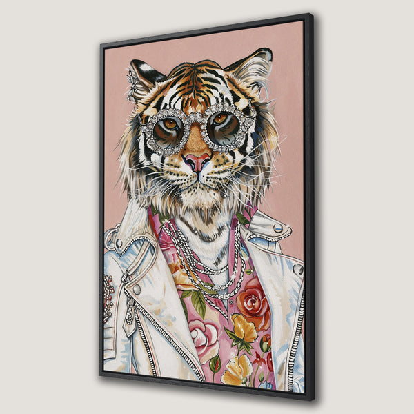 Framed Wall Art: Stylish tiger portrait with sunglasses, wearing a jacket, and floral shirt. Pink, white, and orange color palette. Unique wall decor.