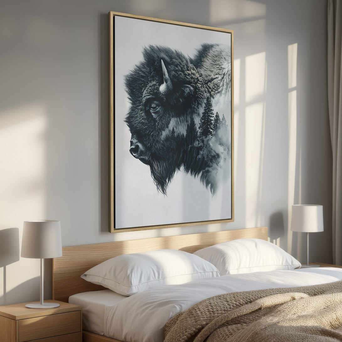 Framed Wall Art: Majestic bison portrait in grayscale, adding a touch of nature to your bedroom decor. Modern art with a neutral color palette.