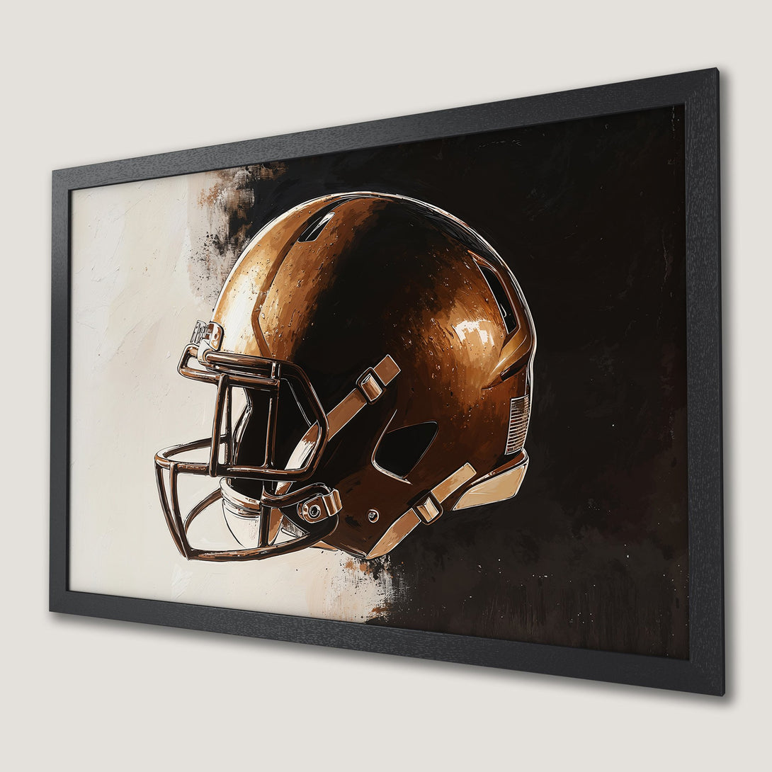 Framed Poster of a football helmet, abstract art style in a brown, black, and beige color palette. Perfect wall decor for sports fans.