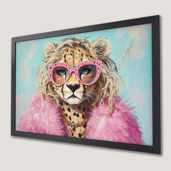 Framed Poster featuring a stylish cheetah in pink sunglasses and fur, painted in an expressive style with a pastel color palette. Perfect wall art!