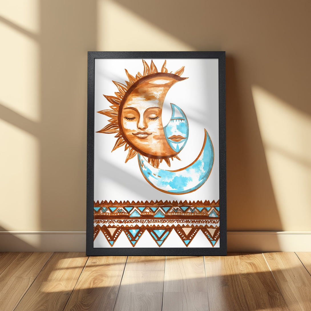 Framed Poster featuring a watercolor sun and moon design in warm brown and blue tones, boho style art print.