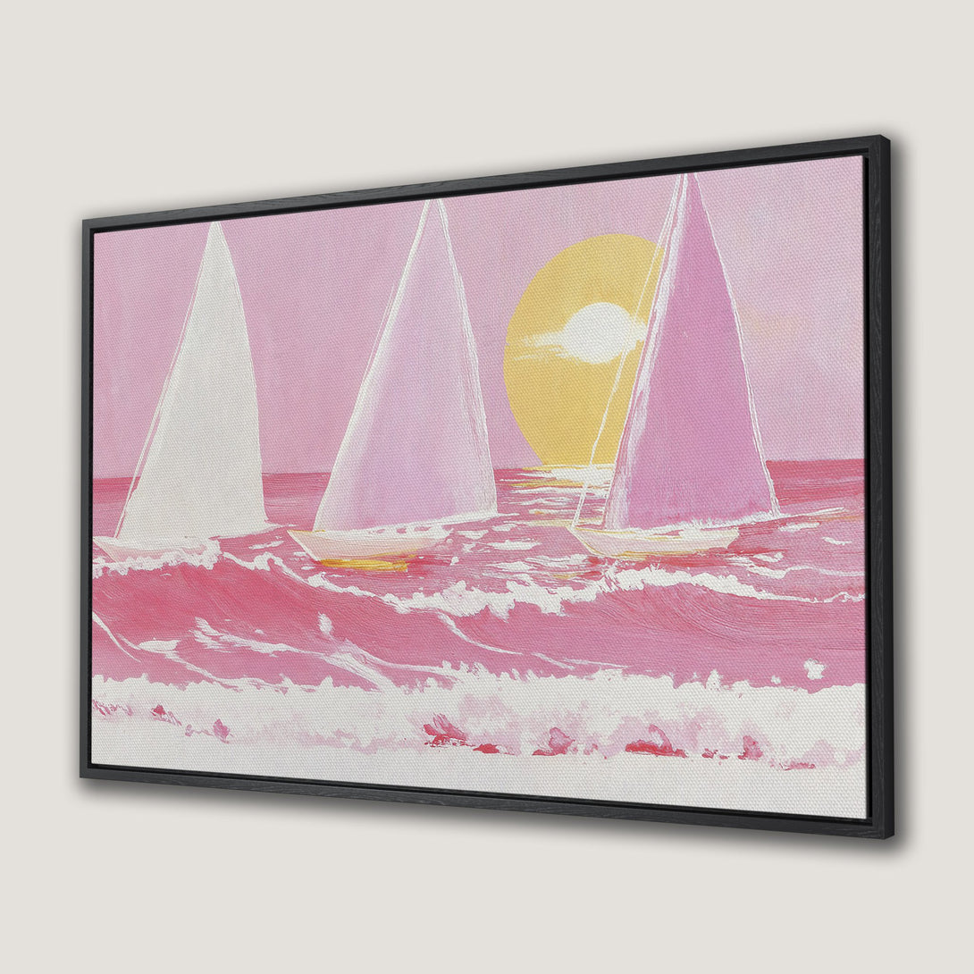 Framed Wall Art: Pink seascape canvas print with sailboats and sunset. Coastal art in a modern, minimalist style. Perfect for home decor.