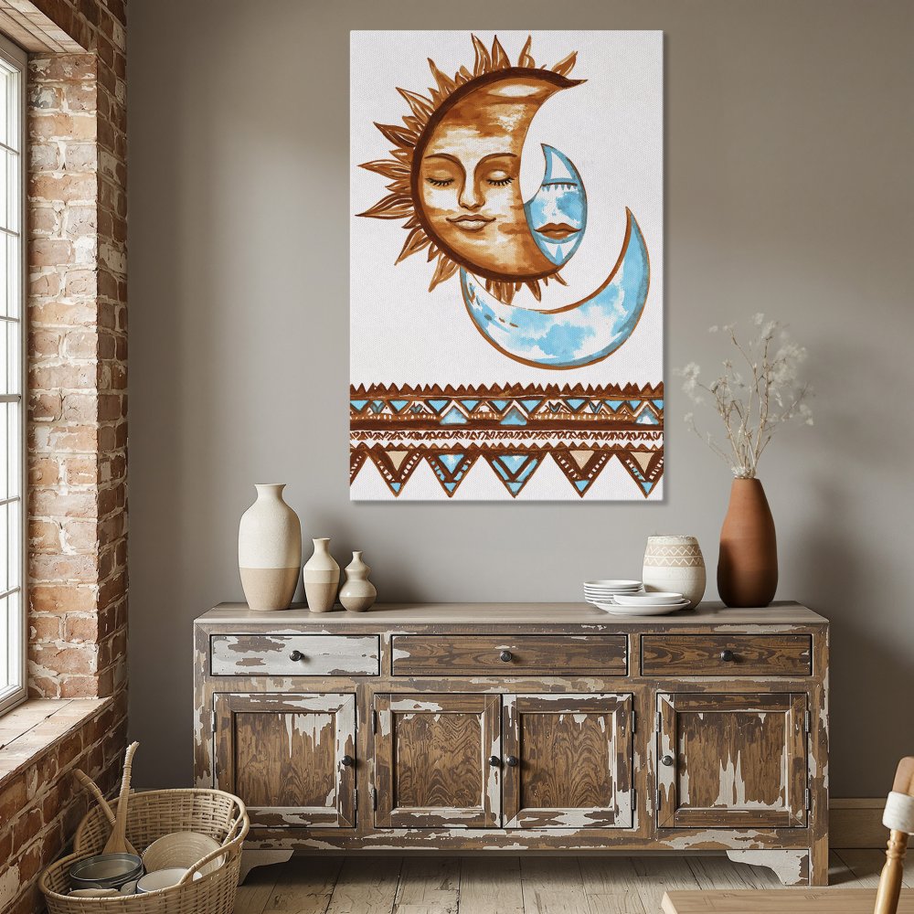 Framed Wall Art: Boho sun and moon watercolor print in warm earth tones and turquoise. Perfect wall decor for a dining room.