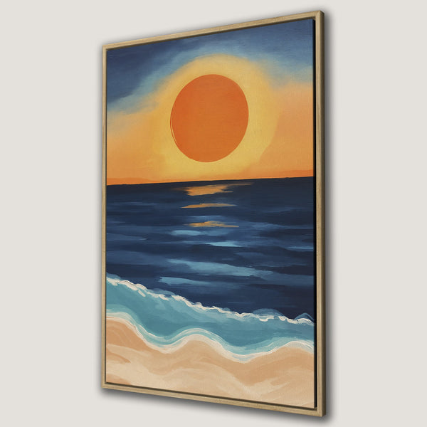 Framed Wall Art of a sunset over the ocean. Coastal painting with warm orange, blue, and beige tones. Perfect for adding a calming touch to your home.