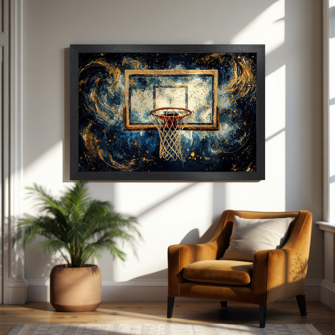 Framed Poster featuring a basketball hoop in an abstract, artistic style with a blue and gold color palette. Perfect wall art!