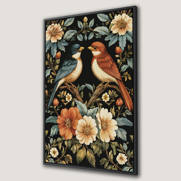 Framed Wall Art featuring watercolor birds and floral design. Beautiful Canvas Print with a vintage style, showcasing a warm, earthy color palette.