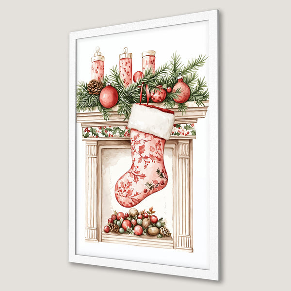 Framed Poster featuring a watercolor Christmas stocking and fireplace scene. Rustic style with red and green color palette. Perfect holiday decor!