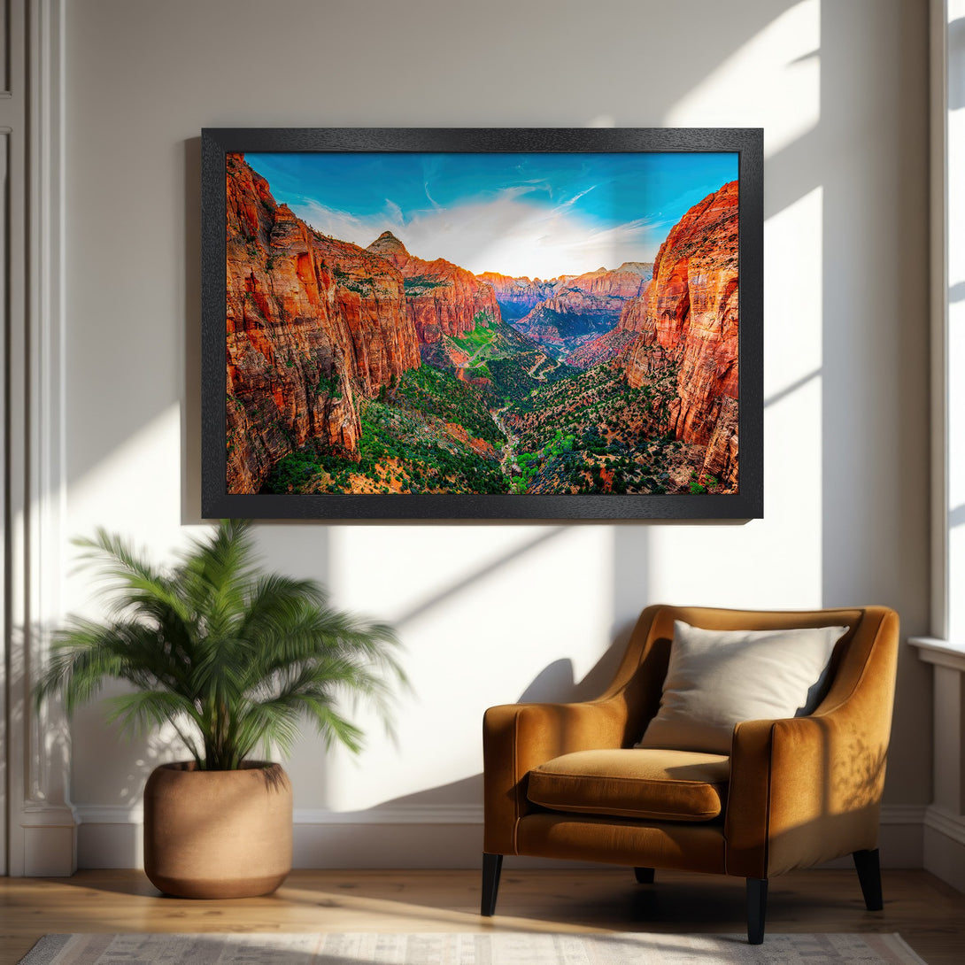 Framed Poster of Zion Canyon landscape art. Vibrant colors, natural style, with red, green, and blue hues. Perfect wall decor.