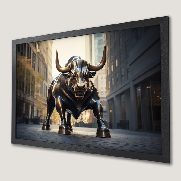 Framed Poster of Charging Bull statue in bronze, city background, warm color palette. Perfect for home or office decor.