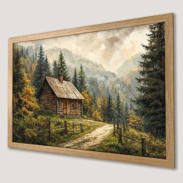 Framed Poster of a cozy cabin in a forest, painted in a warm, natural color palette. Perfect for rustic decor.