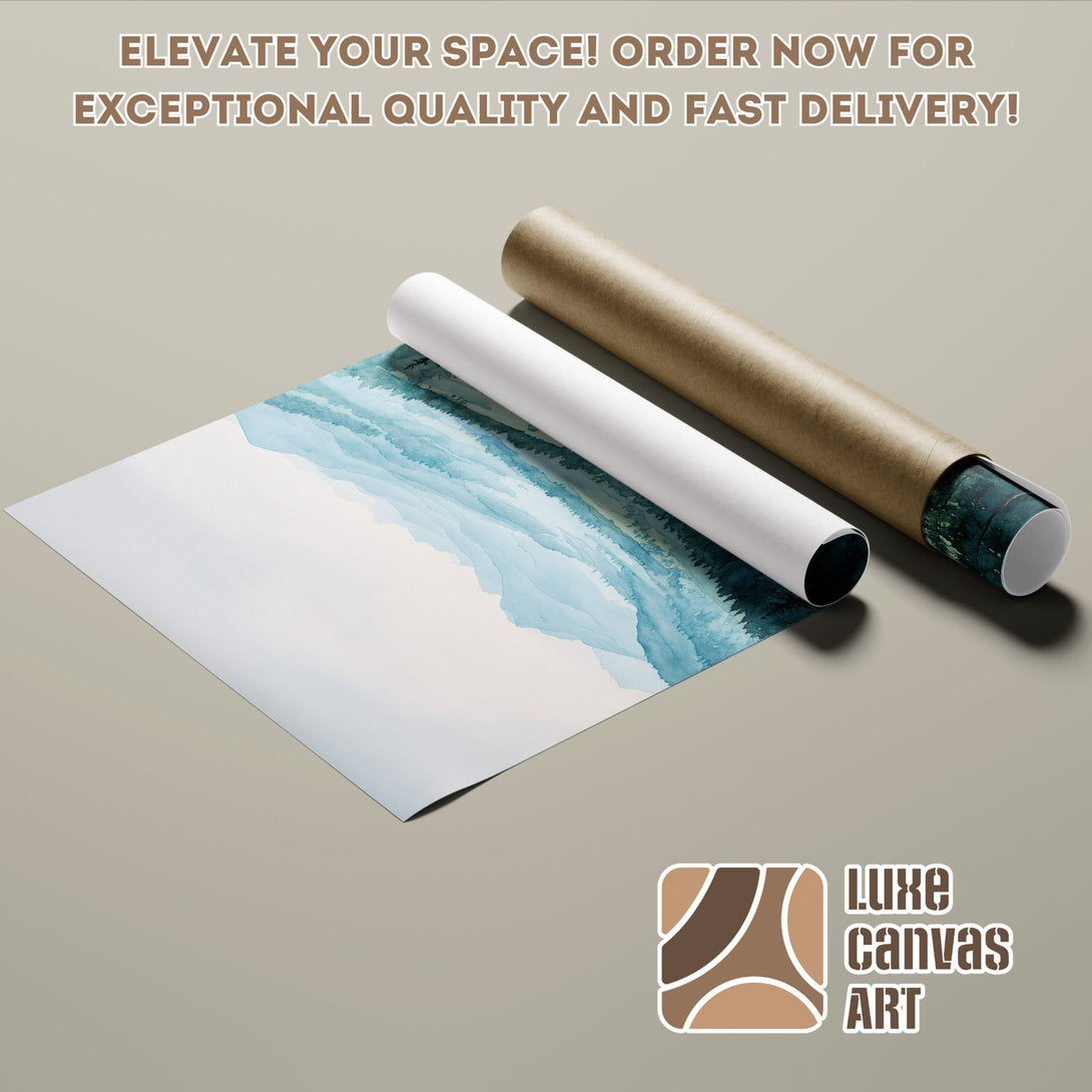 Watercolor mountain Poster Roll in blue and green hues. Elevate your space with art!