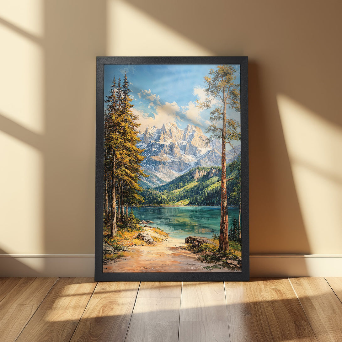 Framed Poster of a serene mountain lake landscape. Artistic style with blue, green, and warm earth tones. Perfect wall art for your home.