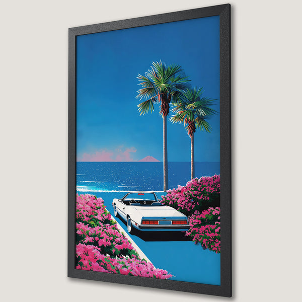 Framed Poster featuring a retro car on a tropical road, vibrant blue sky, palm trees, and pink flowers. Stylish illustration with a dreamy color palette.