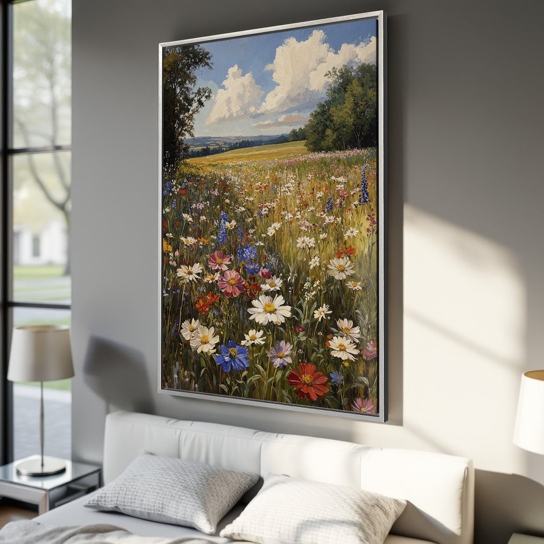 Framed Wall Art: Impressionist painting of a wildflower meadow in a bedroom. Features a vibrant, colorful palette of blues, reds, yellows, and greens. Perfect home decor!