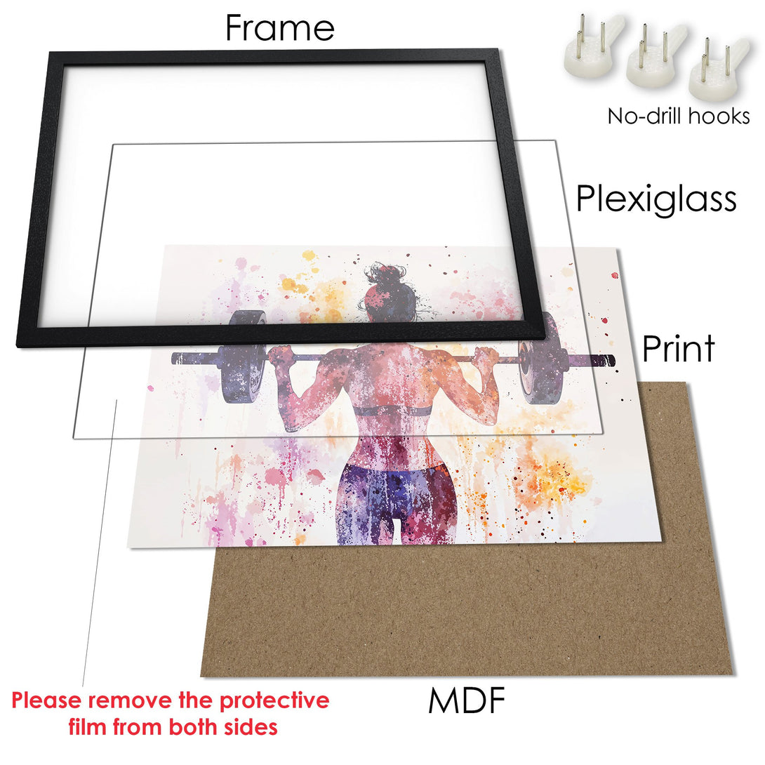 Framed Poster: Watercolor artwork of a woman lifting weights, vibrant pink & purple hues. Perfect fitness decor!