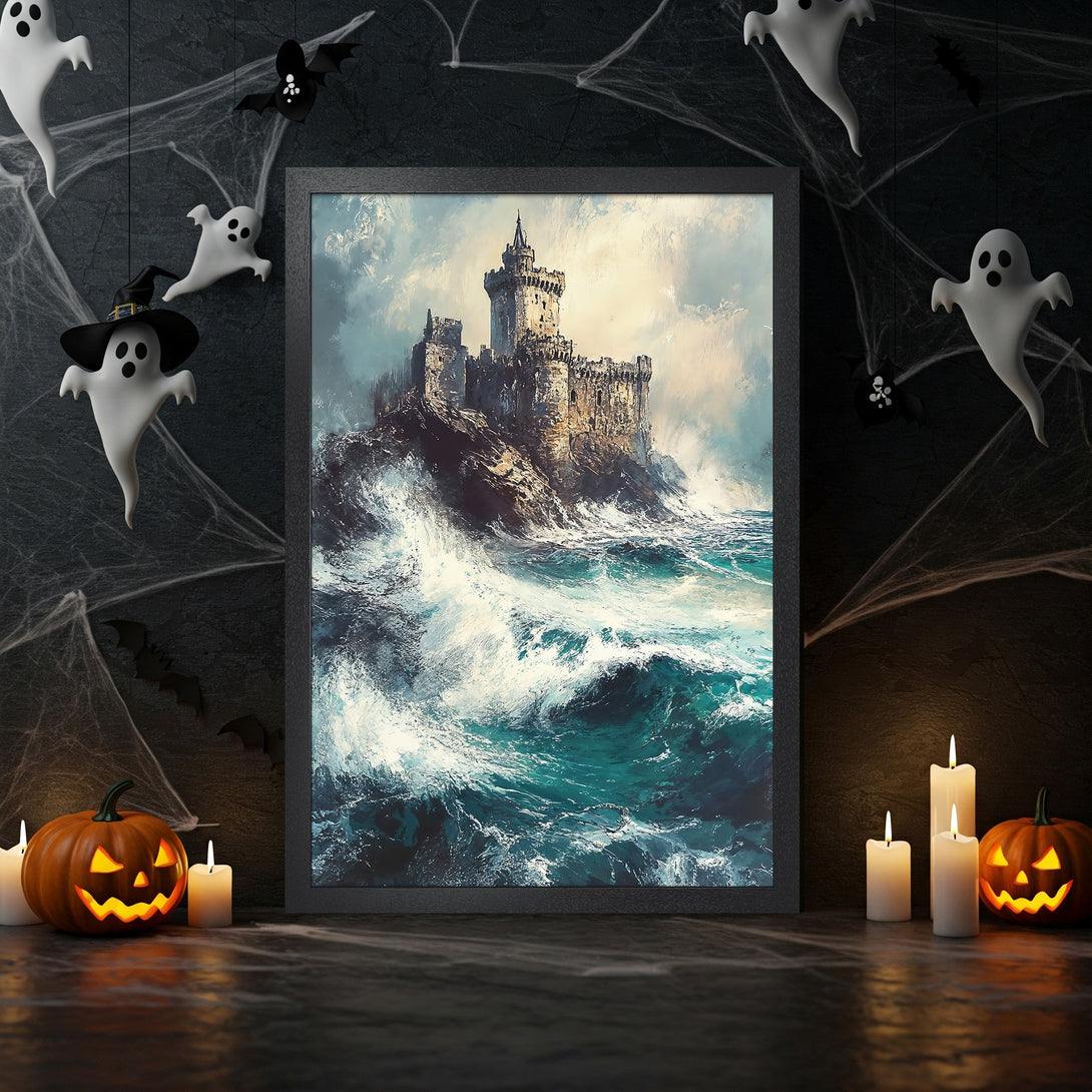Framed Poster of a castle on a stormy sea, in a moody, painterly style with teal and beige tones. Perfect for Halloween!