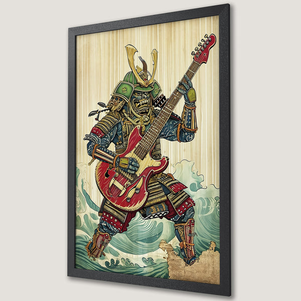 Framed Poster of a samurai playing guitar, Japanese art style. Red, blue, gold, and green color palette. Perfect wall art.