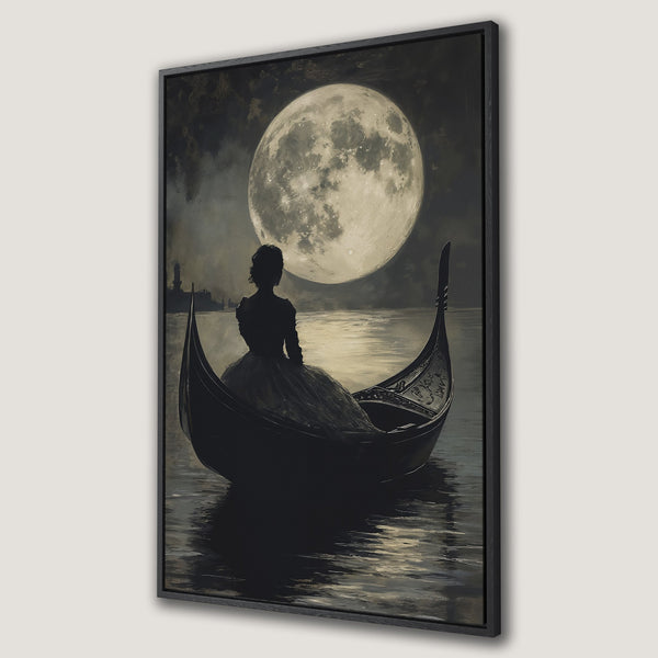 Framed Wall Art: Romantic scene of woman in gondola under a full moon. Vintage style with a moody, grayscale color palette. Perfect for adding elegance.
