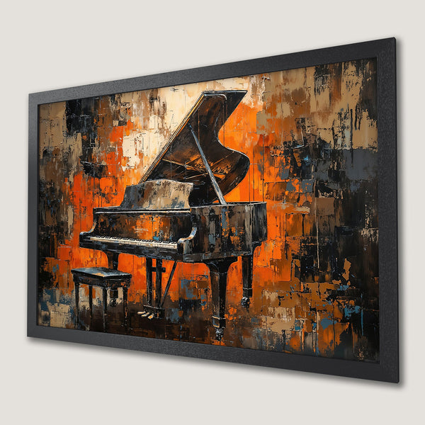 Framed Poster featuring a piano artwork in an abstract style with warm orange and black tones. Perfect wall art!