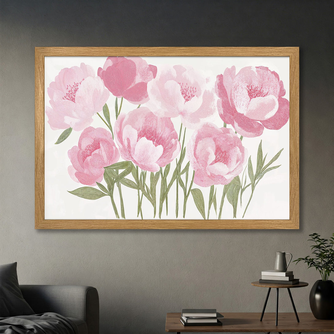 Framed Poster featuring pink peony flowers, watercolor style, soft pink and green color palette. Perfect wall art!