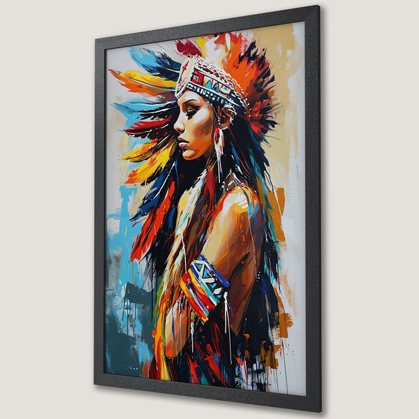 Framed Poster: Native American woman portrait, vibrant abstract style with warm and cool tones. Perfect wall art!
