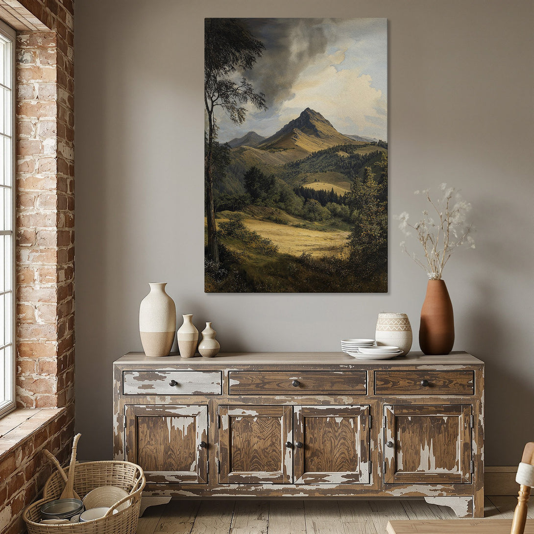 Framed Wall Art: Landscape painting in a dining room. Classic style with warm, earthy tones and a mountain scene. Enhance your home decor!