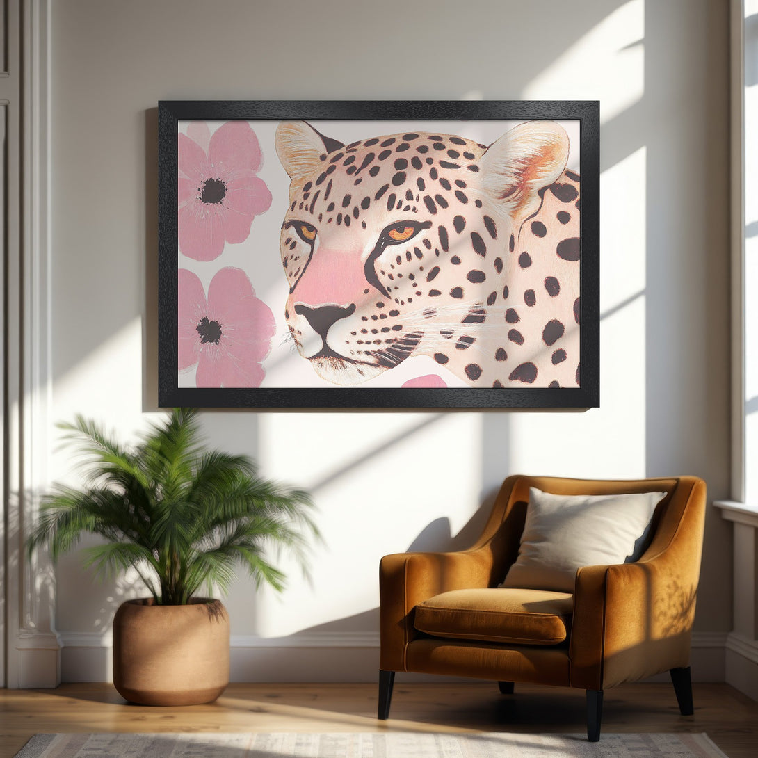 Framed Poster featuring a leopard illustration with a pink floral backdrop, in a neutral color palette. Perfect wall art!