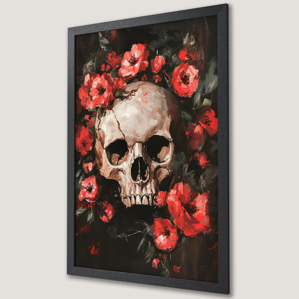 Framed Poster featuring a skull and red flowers. Dark, artistic style with a dramatic red, black, and white color palette. Perfect gothic home decor.