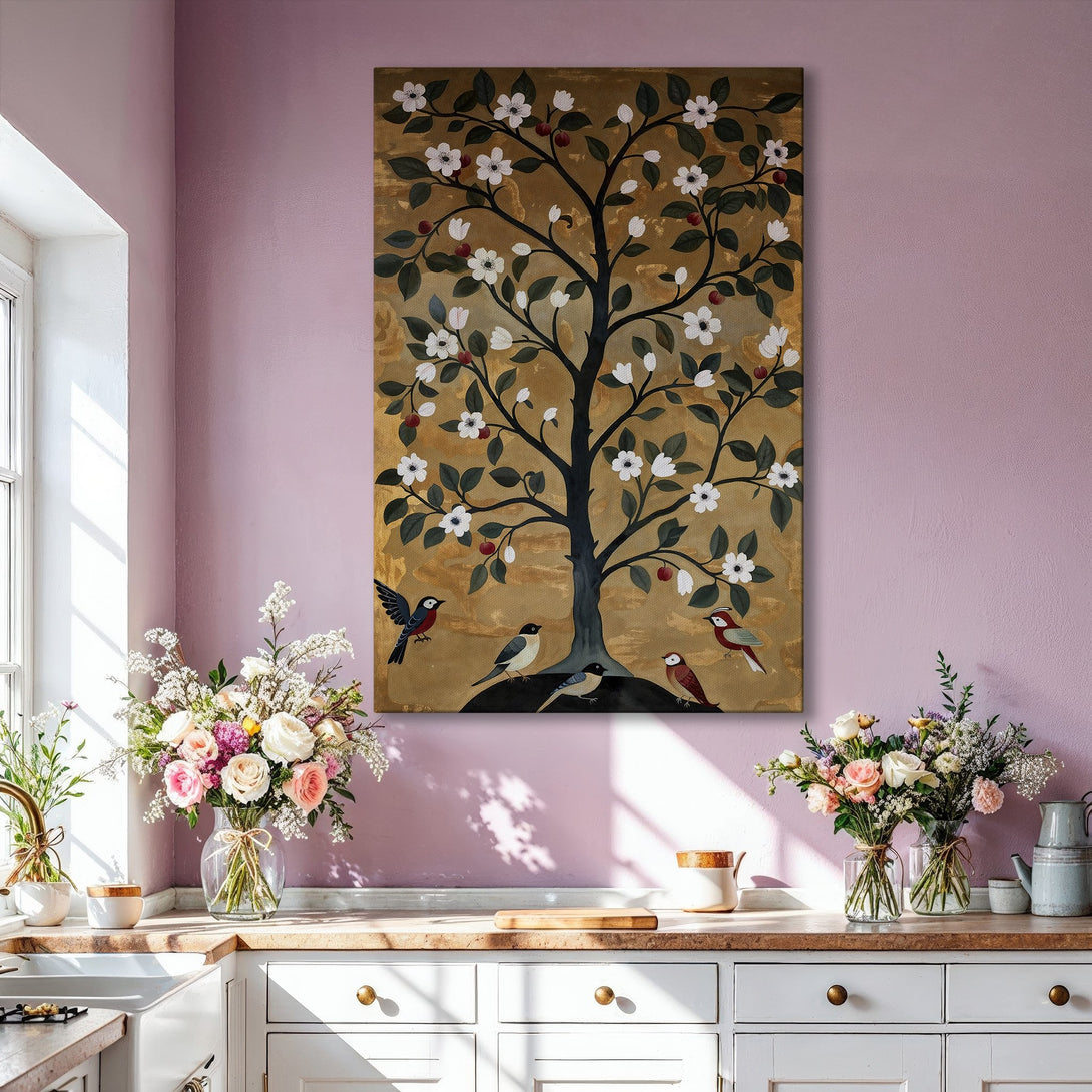Framed Wall Art: Elegant tree with birds art print in gold, black, white & red. Perfect for living room decor. Add a touch of nature to your space.