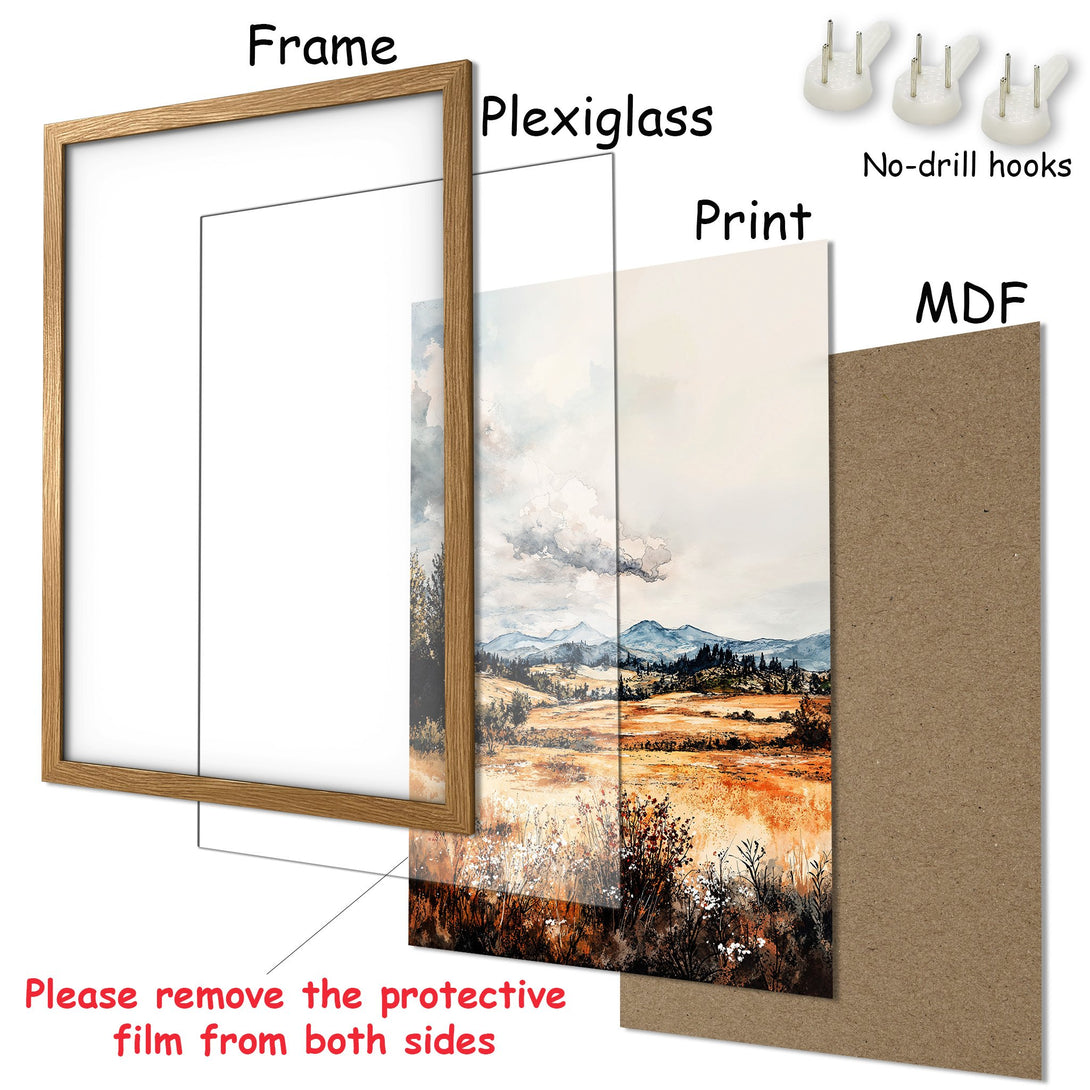 Framed Poster featuring a watercolor landscape in warm earth tones. Enhance your space with this beautiful art print!