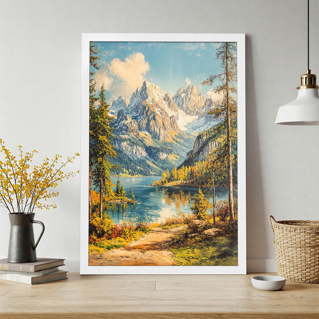 Framed Poster of a mountain landscape in a classic style, with a blue, yellow, and green color palette. Perfect wall art!