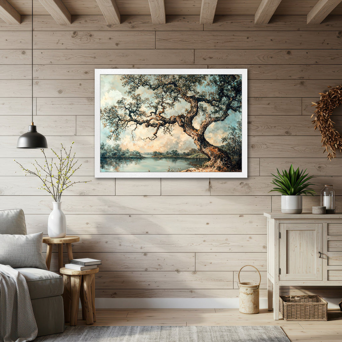 Framed Poster of a serene landscape painting featuring a large tree, soft blues, greens, and browns. Perfect for adding a touch of nature.