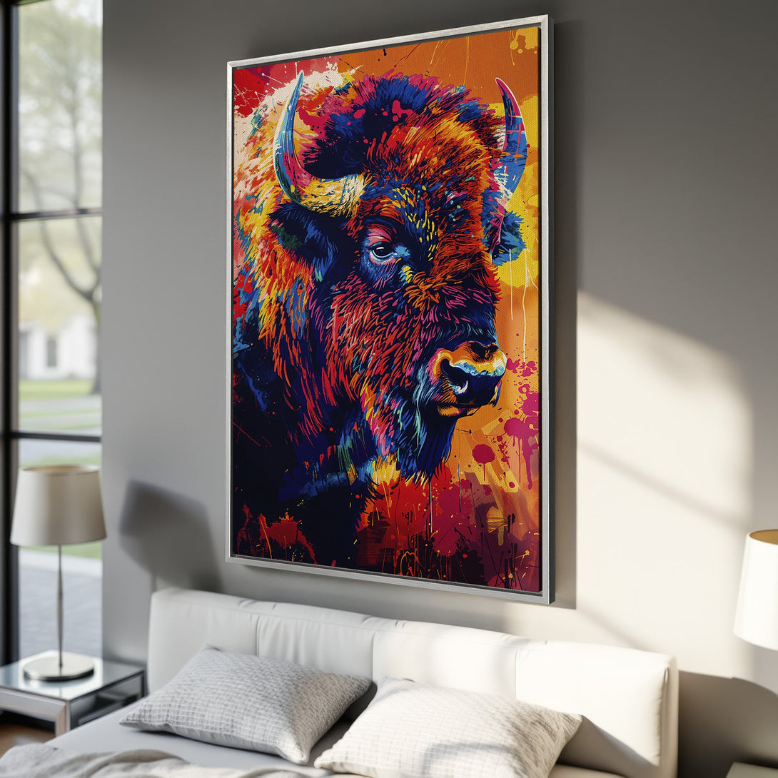 Framed Wall Art featuring a vibrant bison portrait in a pop art style with a colorful palette of blues, reds, and yellows. Perfect statement piece!
