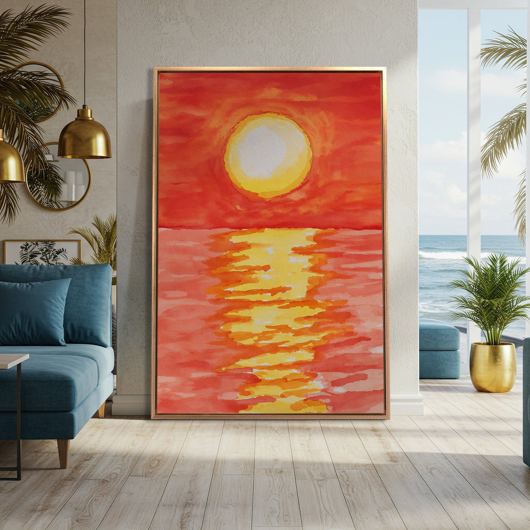 Framed Wall Art: Vibrant sunset watercolor painting in warm orange and yellow hues. Adds a pop of color and coastal charm to any space.