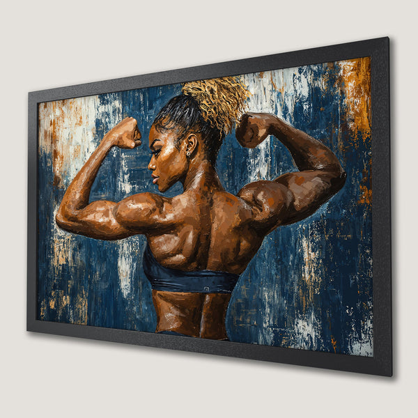 Framed Poster of a strong woman flexing, abstract art style, blue, white, brown color palette. Motivational wall art.