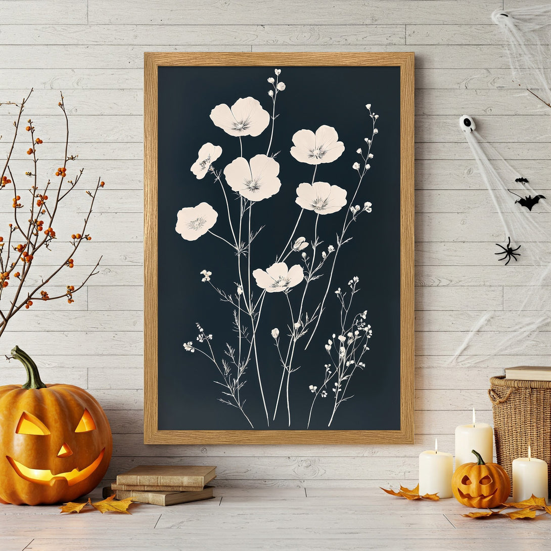 Framed Poster featuring floral illustration in white on navy blue, perfect for Halloween decor.