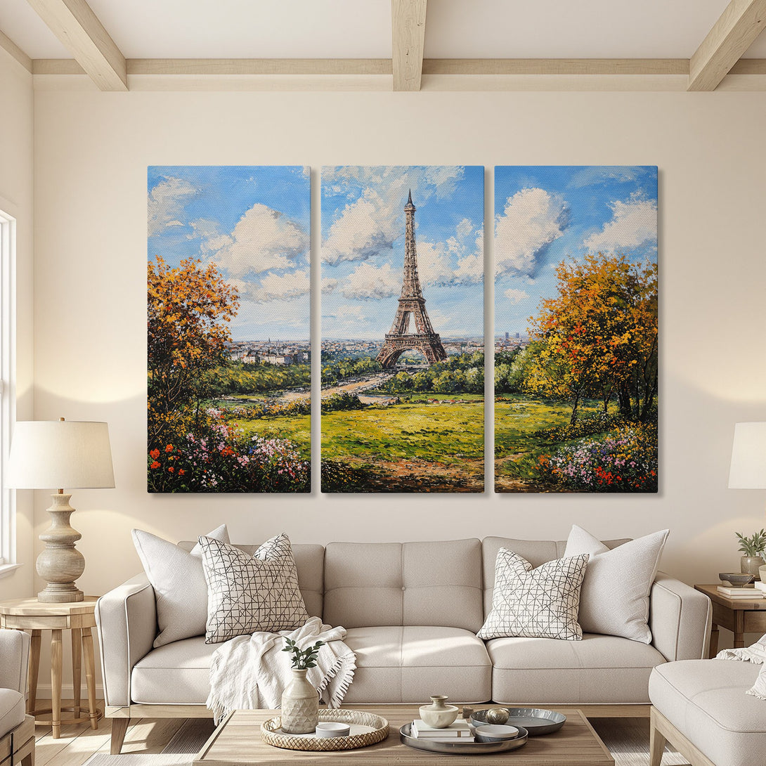 Canvas Print of Eiffel Tower in Paris, impressionist style with blue sky, green grass, and warm autumn colors. Perfect for living room decor.