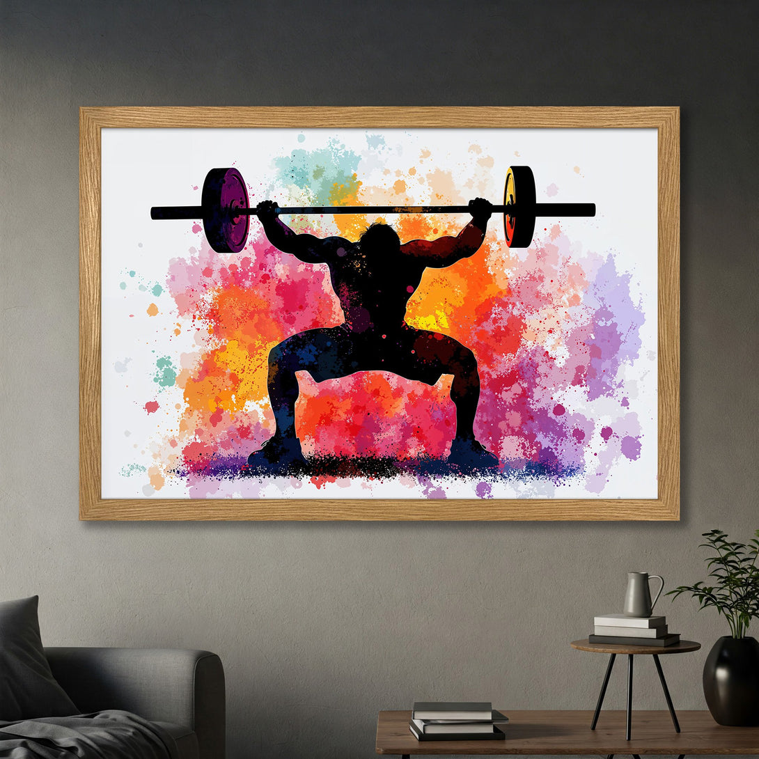 Framed Poster featuring a weightlifter silhouette against a colorful watercolor splash background. Bold, vibrant art in red, orange, and purple hues.