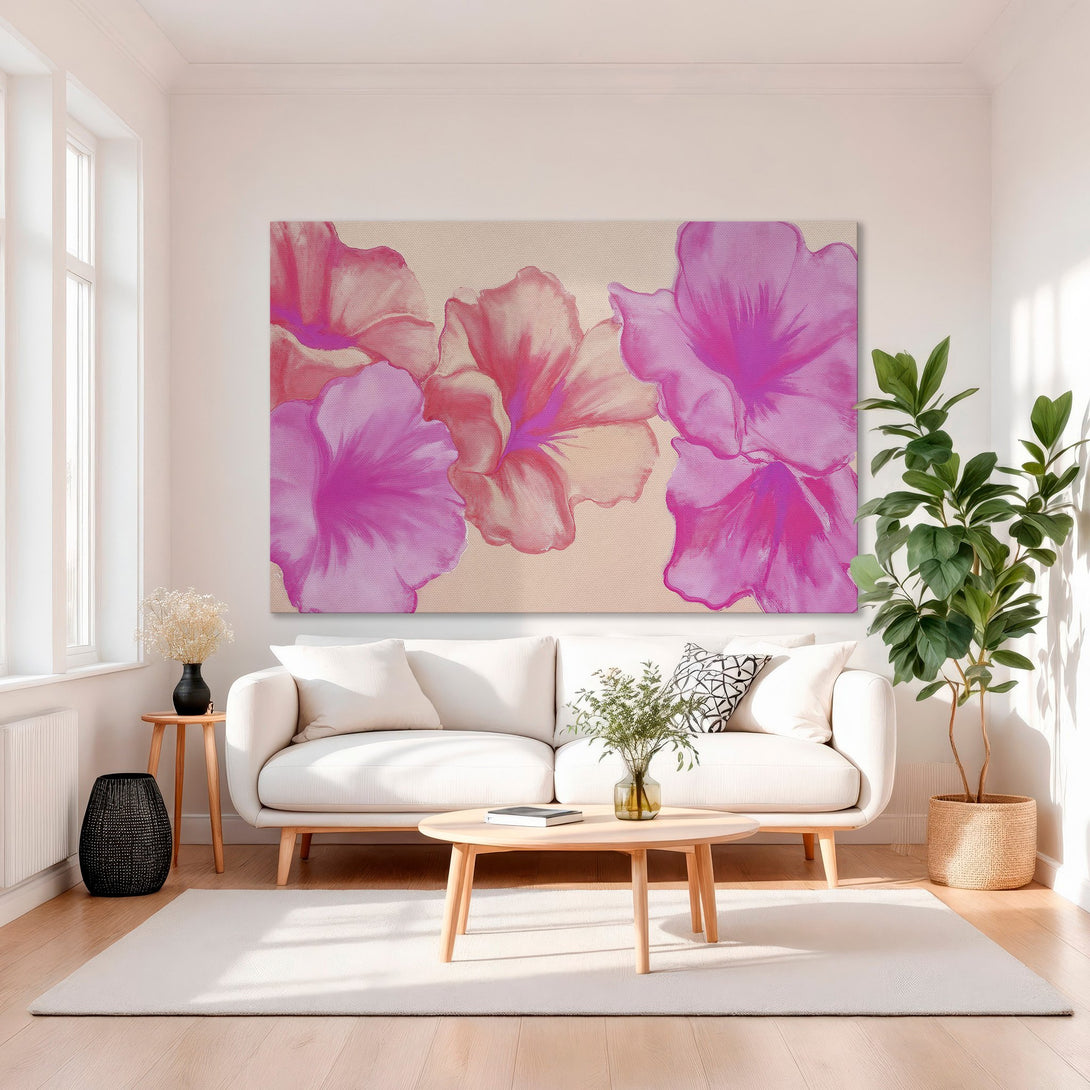 Framed Wall Art: Vibrant floral Canvas Print in pink and coral hues. Modern abstract style, perfect for adding a pop of color to any interior.