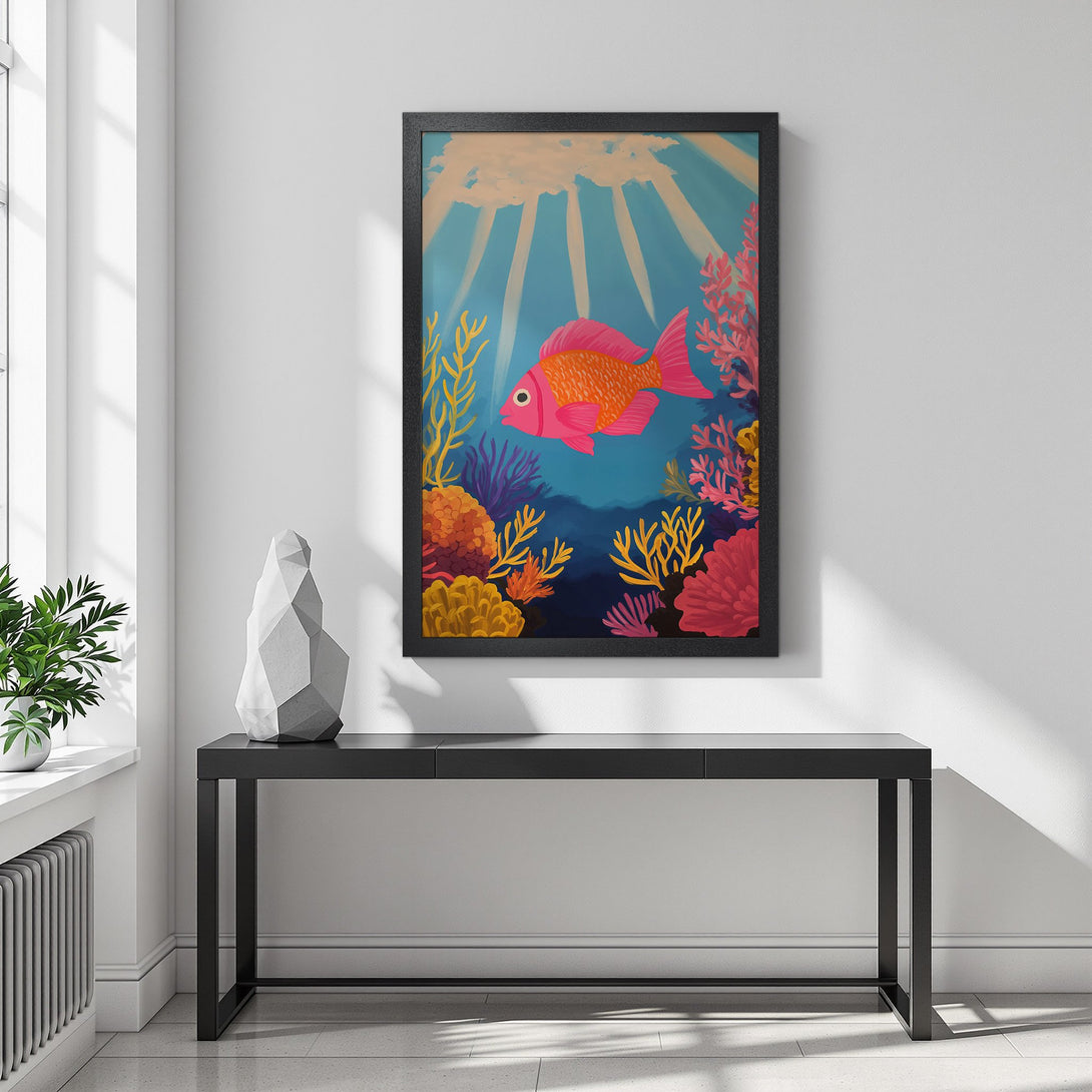 Framed Poster featuring a vibrant fish illustration in a colorful underwater scene. Bright pink, orange, and blue color palette. Perfect wall art!