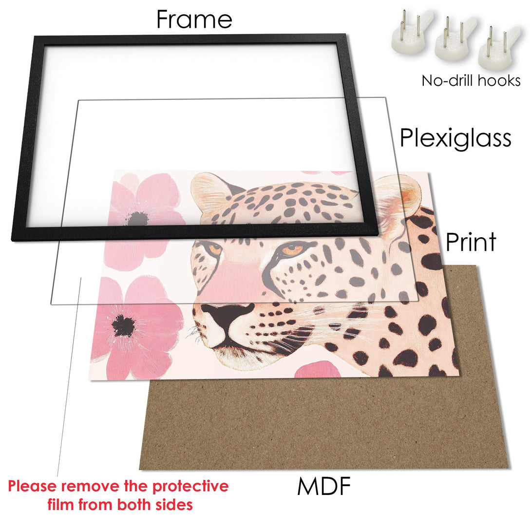 Framed Poster featuring a leopard print design. Modern style, soft pink and neutral color palette. Perfect wall art!