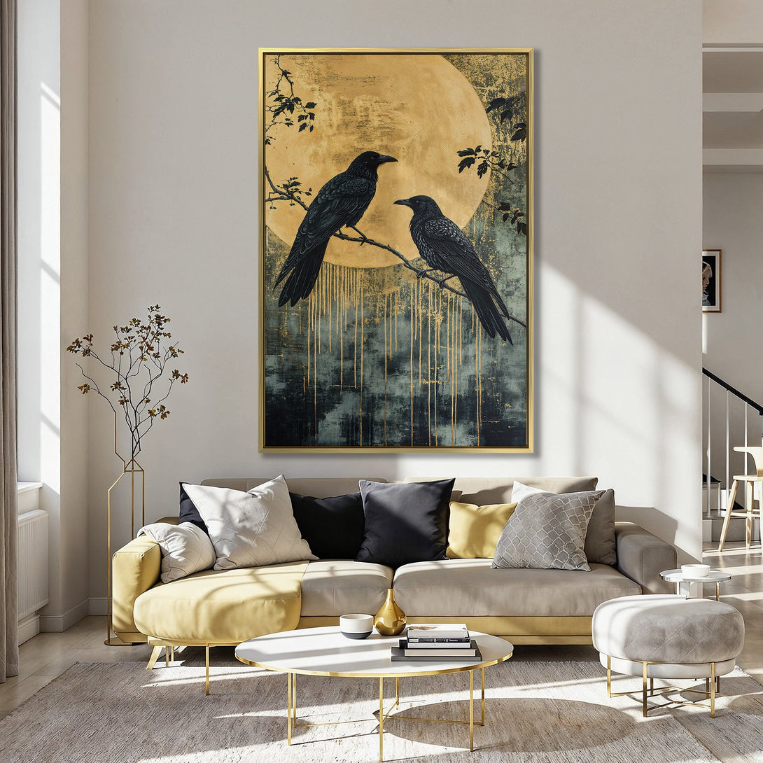Canvas Print featuring two black crows on a branch against a golden moon. Moody art in teal, gold, and black, perfect for adding a touch of elegance.