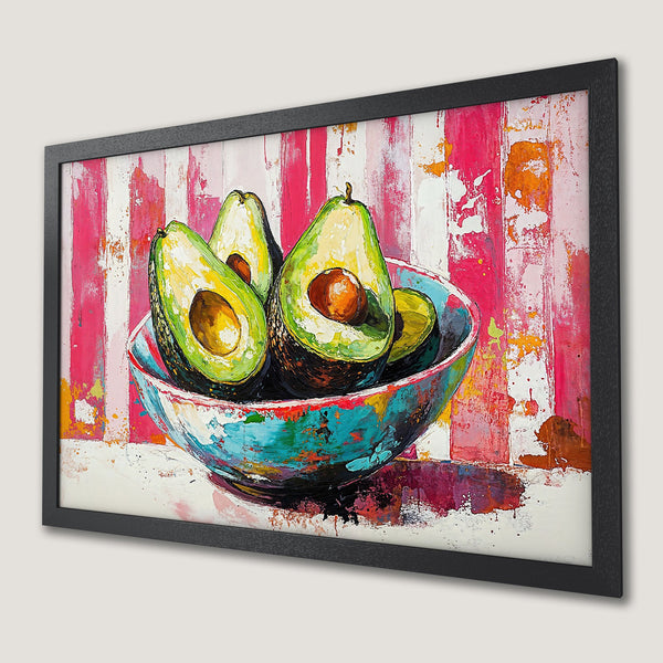 Framed Poster featuring vibrant avocado art with a colorful, abstract style and a pink, green, and blue palette.