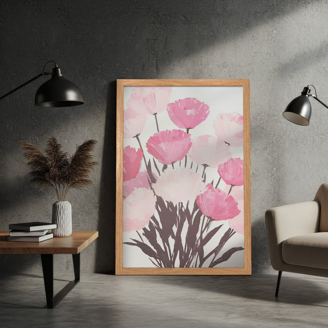 Framed Poster featuring pink floral art, modern style, soft pink and neutral color palette, perfect wall decor.