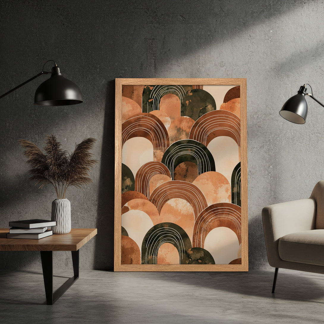 Framed Poster featuring abstract arch design in warm earth tones. Modern art print for stylish home decor.