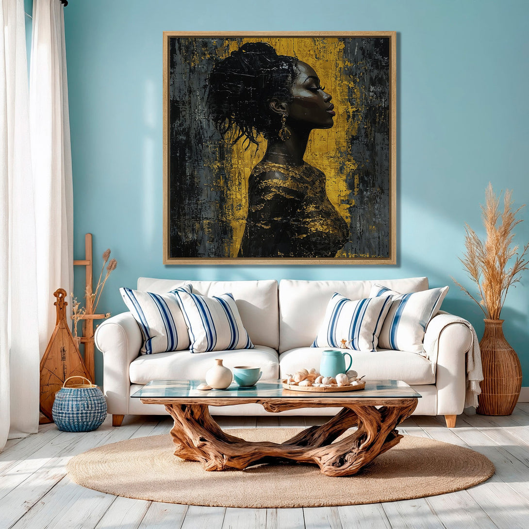 Framed Wall Art of a Black woman in profile, with gold and black abstract background. Modern Canvas Print for living room decor, gold and teal palette.